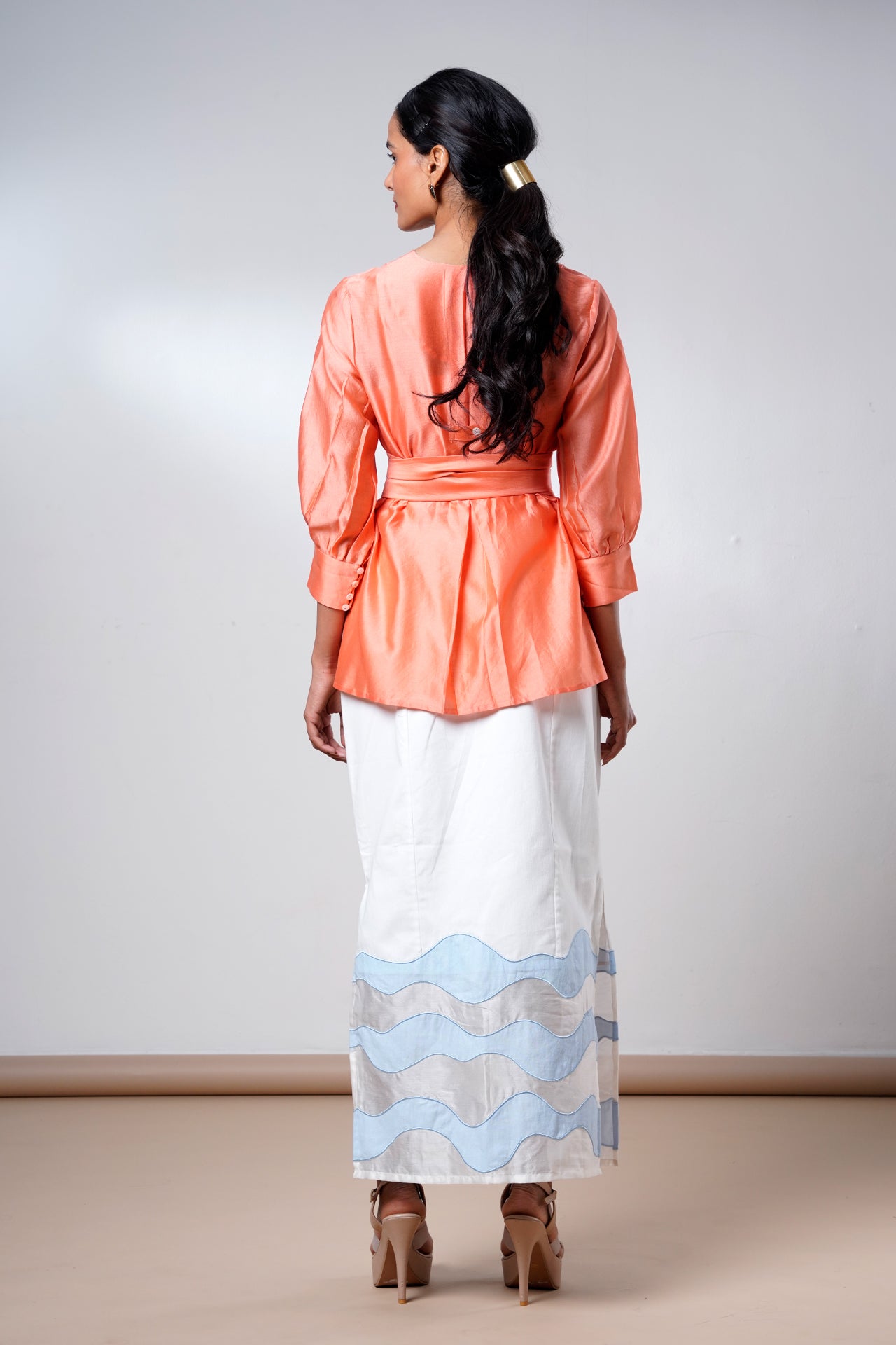 Nella – Coral Breeze Wrap Top + Denim Skirt