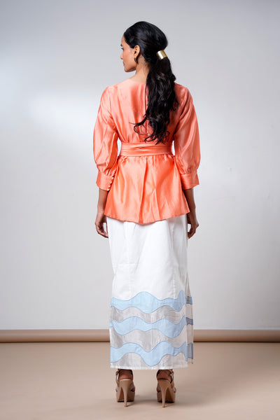 Nella – Coral Breeze Wrap Top + Denim Skirt