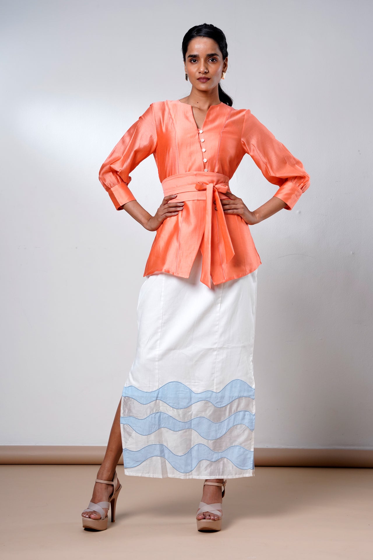 Nella – Coral Breeze Wrap Top + Denim Skirt