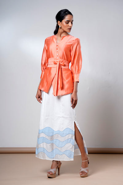 Nella – Coral Breeze Wrap Top + Denim Skirt