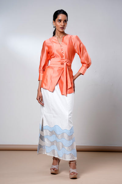 Nella – Coral Breeze Wrap Top + Denim Skirt