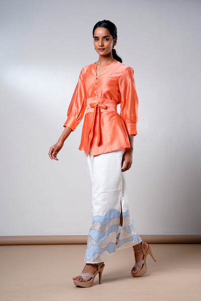 Nella – Coral Breeze Wrap Top + Denim Skirt