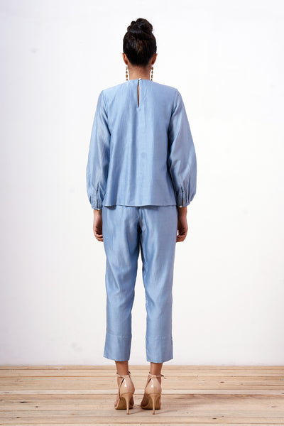 Miriam - Powder Blue Demure Top with Ankle Pants